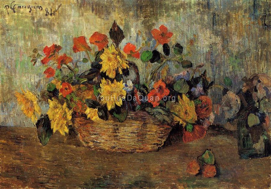 Nasturtiums and Dahlias in a Basket - 保罗·高更